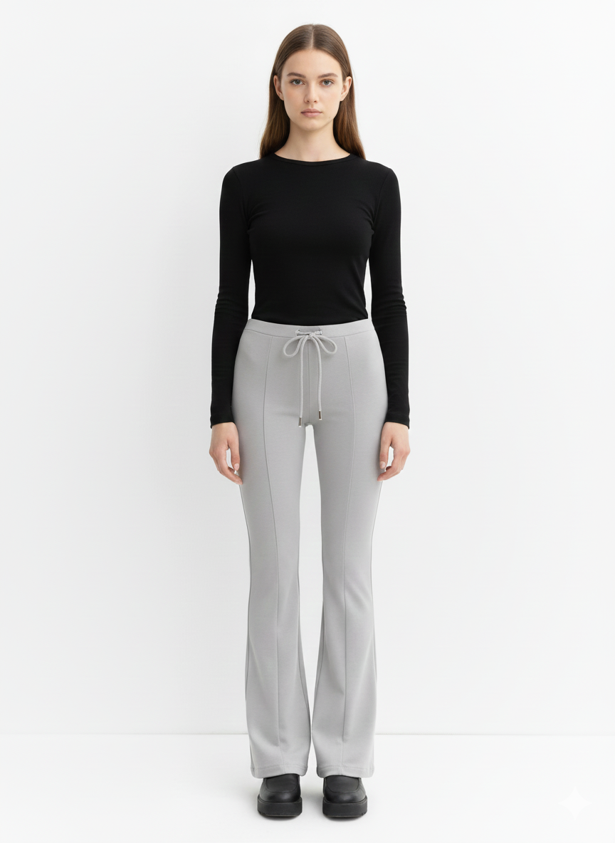Women's Grey High-Waisted Flared Pants Soft Cotton Interlock Elegant Fit with Drawstring