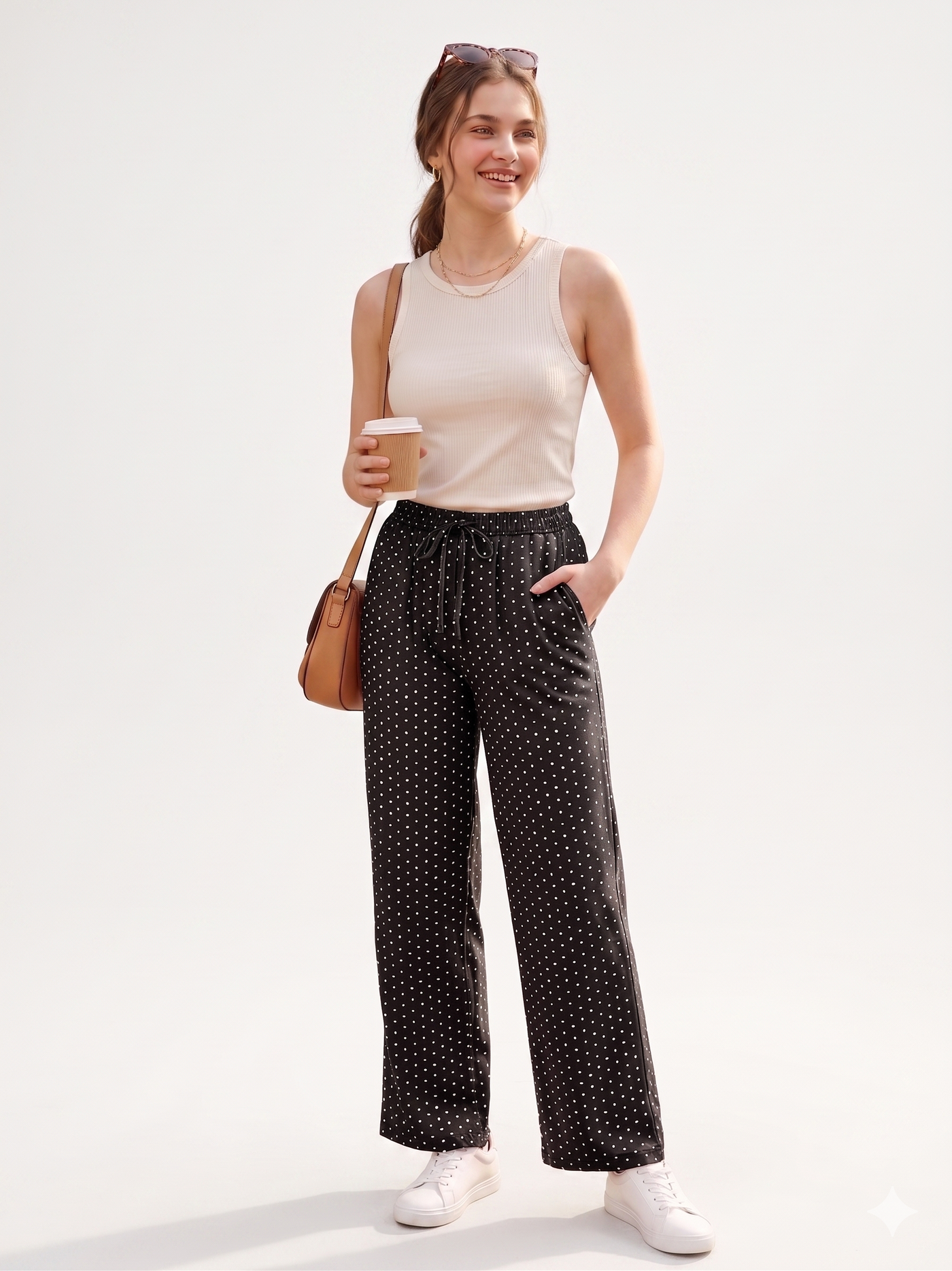Women’s Wide Leg Polka Dot Pants – Casual Streetwear Lounge Trousers with Elastic Waist and Loose Fit