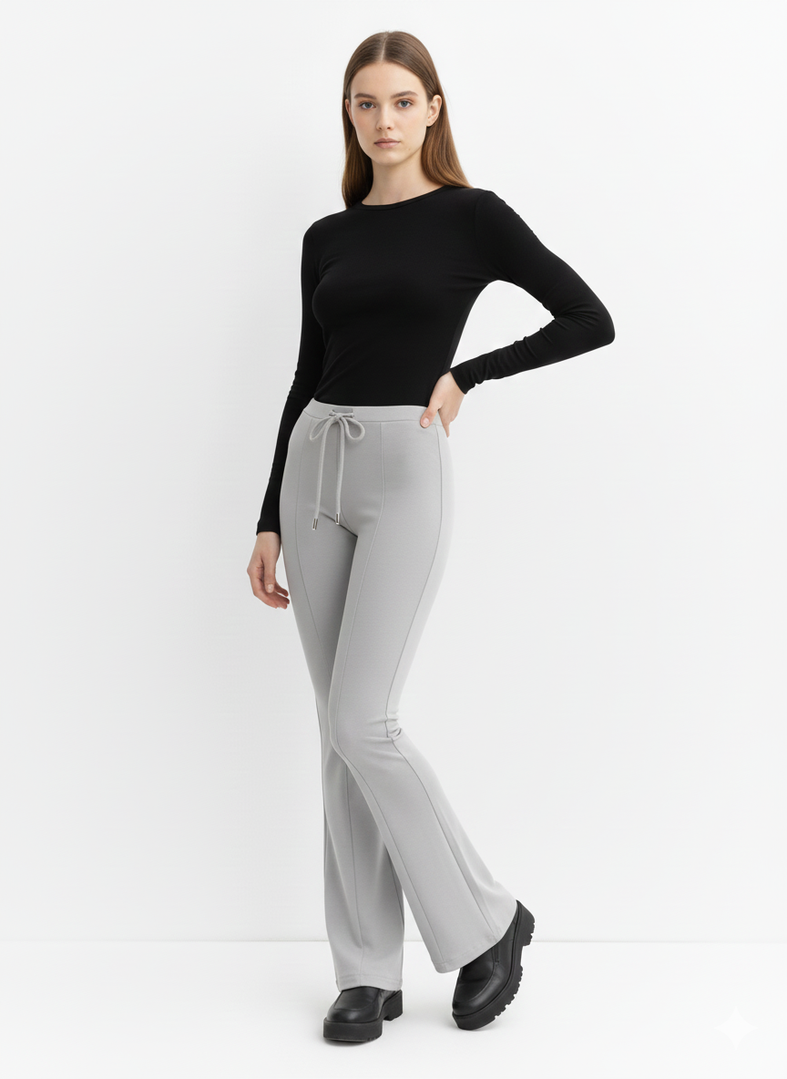 Women's Grey High-Waisted Flared Pants Soft Cotton Interlock Elegant Fit with Drawstring