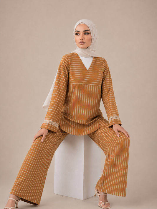 Women's Striped Two Piece Set – Long Sleeve Tunic Top & Wide Leg Pants Co-Ord Outfit