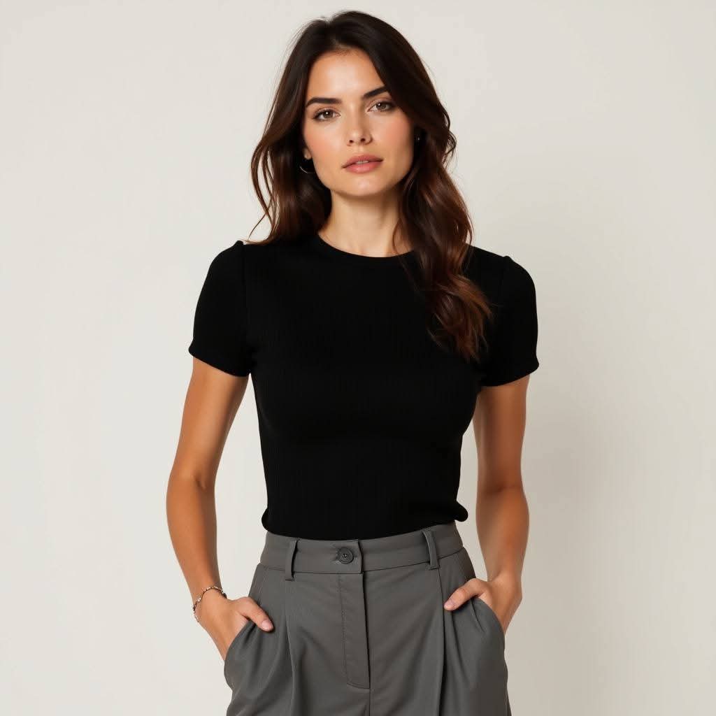 Women's Ribbed Short Sleeve Crew Neck Top – Soft Fitted T-Shirt