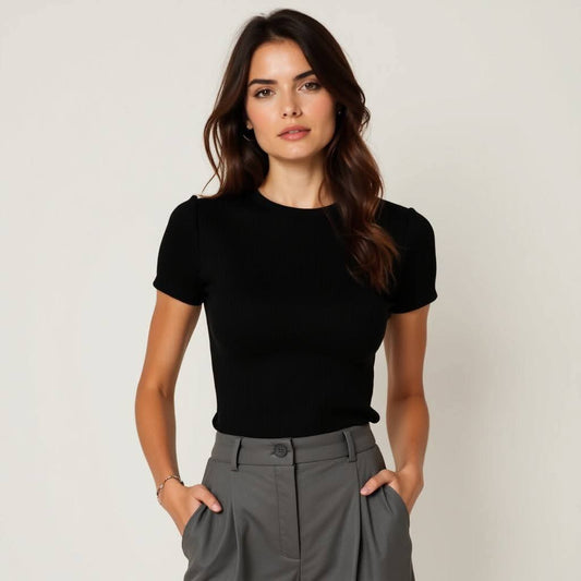 Women's Ribbed Short Sleeve Crew Neck Top – Soft Fitted T-Shirt
