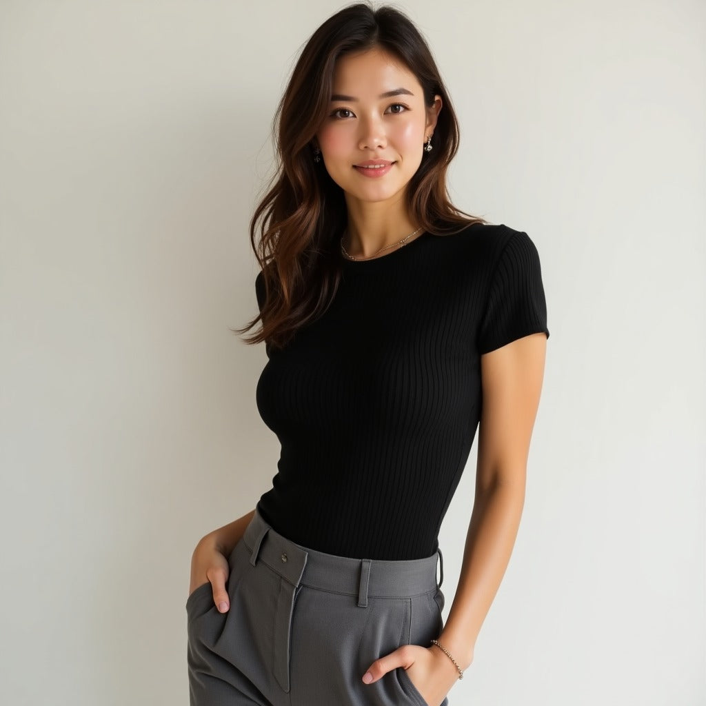 Women's Ribbed Short Sleeve Crew Neck Top – Soft Fitted T-Shirt