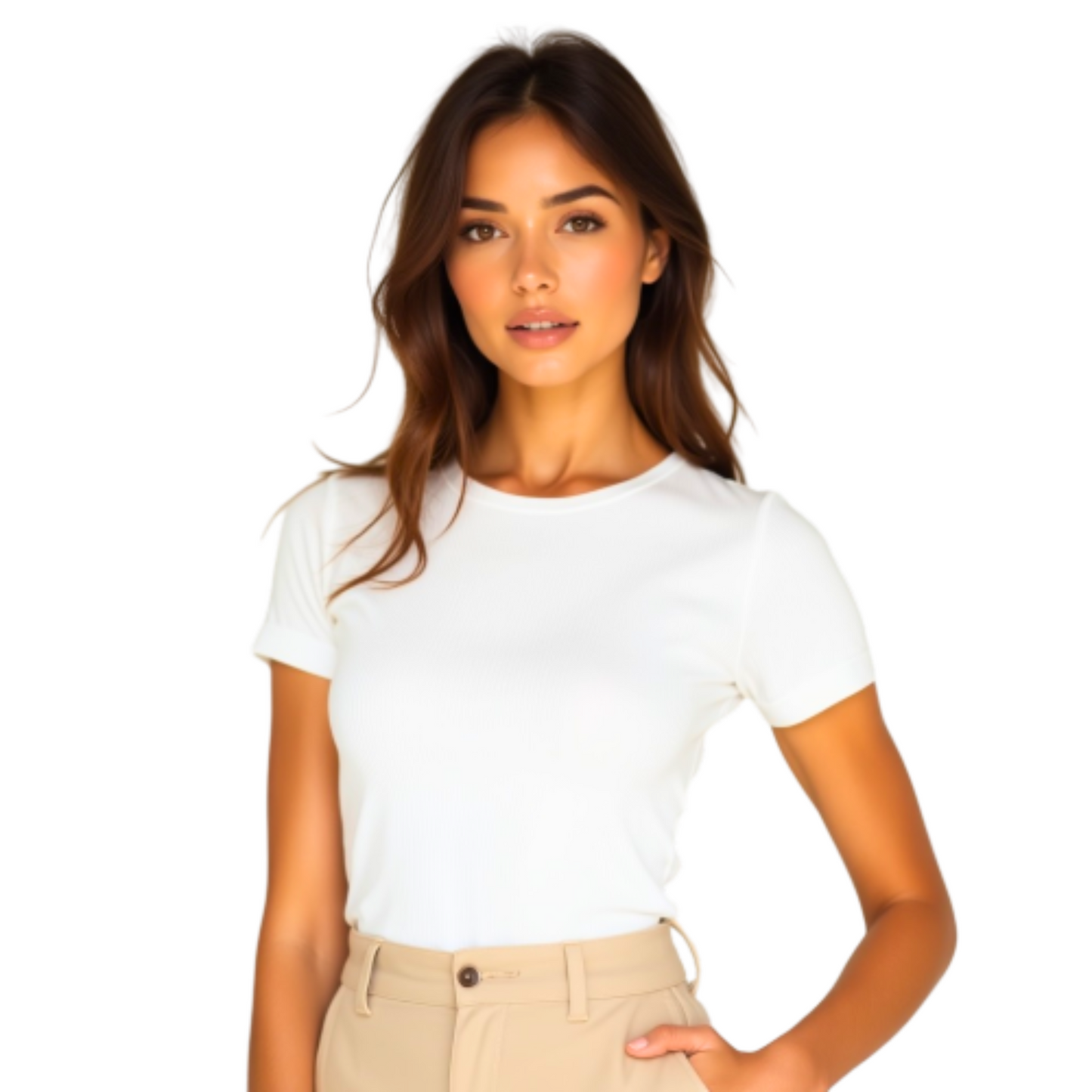 Women's Ribbed Short Sleeve Crew Neck Top – Soft Fitted T-Shirt White