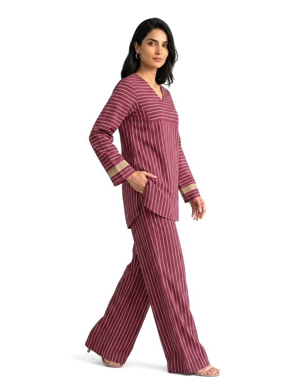Women's Striped Two Piece Set – Long Sleeve Tunic Top & Wide Leg Pants Co-Ord Outfit