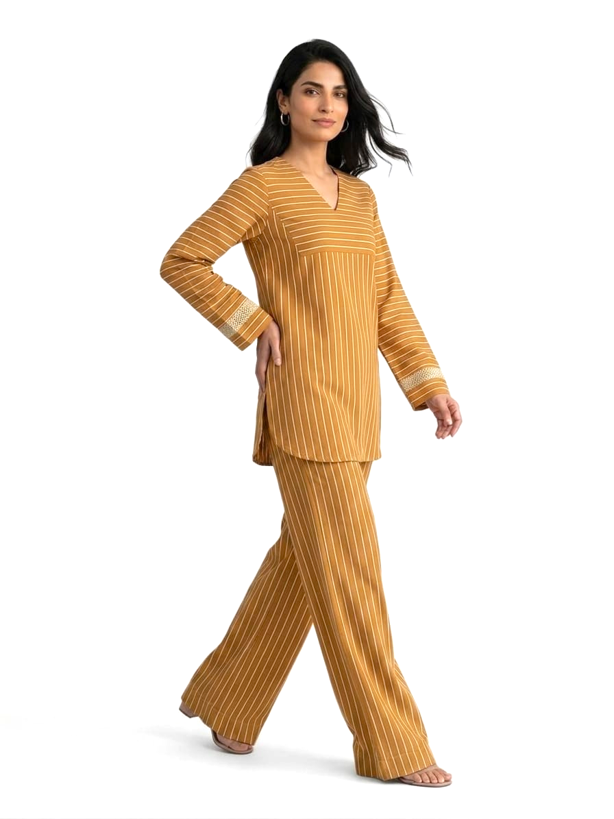 Women's Striped Two Piece Set – Long Sleeve Tunic Top & Wide Leg Pants Co-Ord Outfit