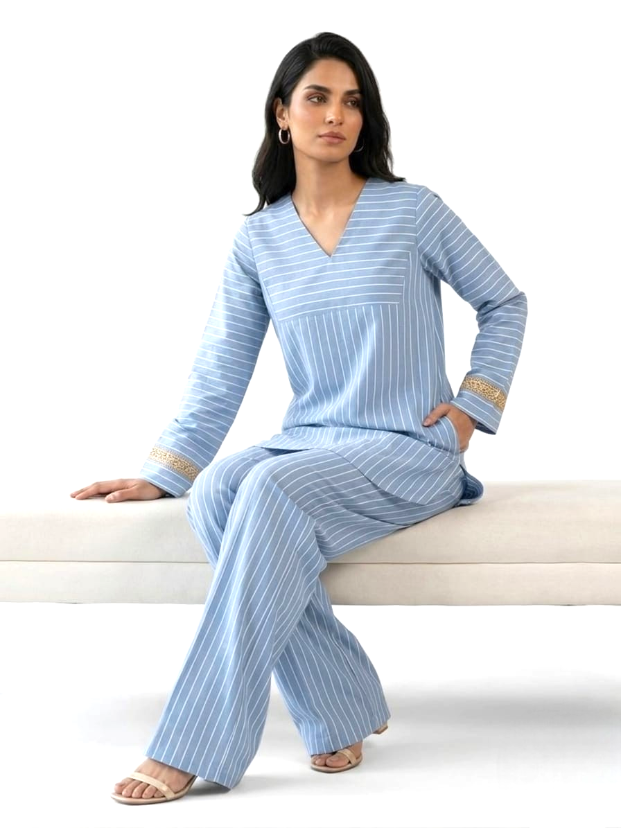 Women's Striped Two Piece Set – Long Sleeve Tunic Top & Wide Leg Pants Co-Ord Outfit