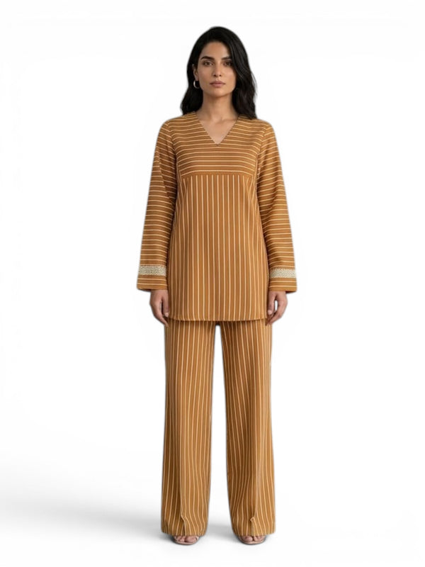Women's Striped Two Piece Set – Long Sleeve Tunic Top & Wide Leg Pants Co-Ord Outfit