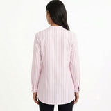 Women's Pink Striped Long Sleeve Tunic Shirt – Casual Mandarin Collar Blouse for Everyday Wear