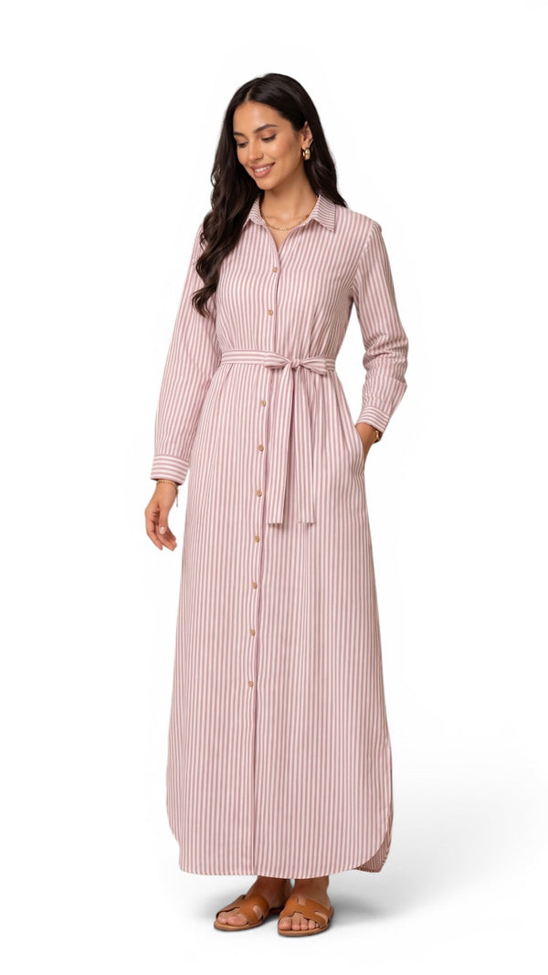Women’s Striped Long Sleeve Maxi Shirt Dress with Waist Belt