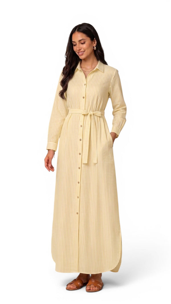 Women’s Striped Long Sleeve Maxi Shirt Dress with Waist Belt