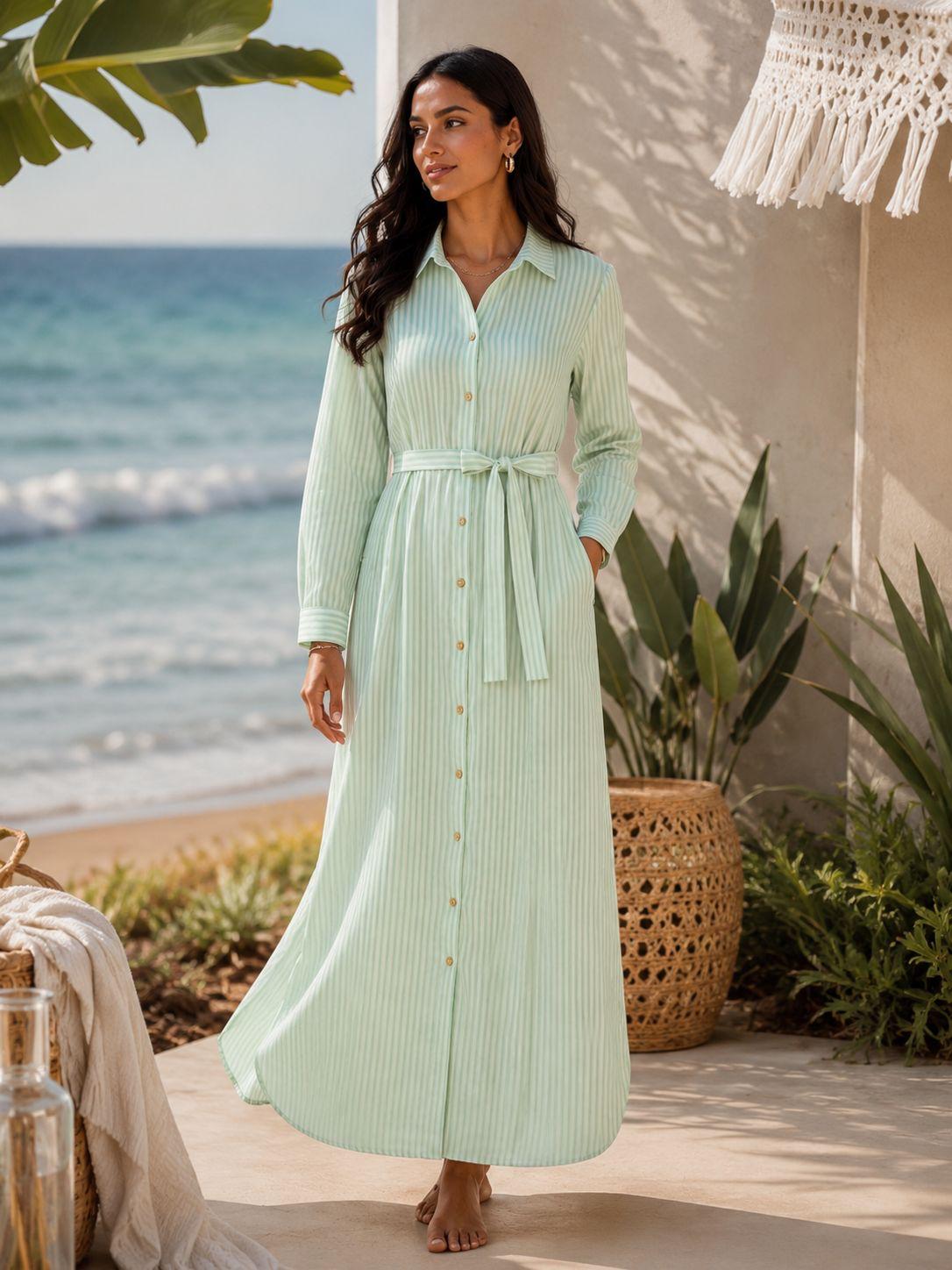 Women’s Striped Long Sleeve Maxi Shirt Dress with Waist Belt