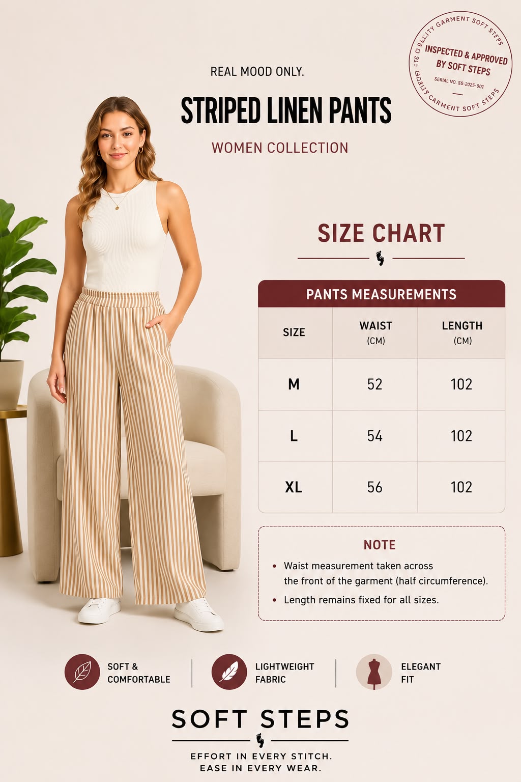 Women's Wide Leg Striped Pants – High Waist Casual Relaxed Fit Trousers with Elastic Waistband