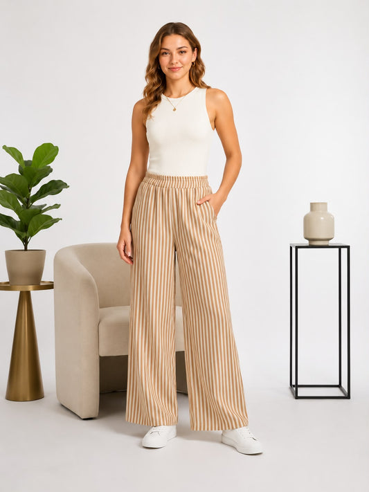 Women's Wide Leg Striped Pants – High Waist Casual Relaxed Fit Trousers with Elastic Waistband