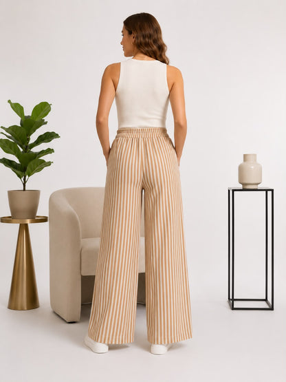 Women's Wide Leg Striped Pants – High Waist Casual Relaxed Fit Trousers with Elastic Waistband