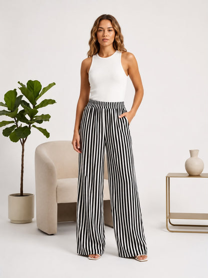 Women's Wide Leg Striped Pants – High Waist Casual Relaxed Fit Trousers with Elastic Waistband