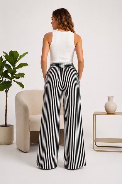 Women's Wide Leg Striped Pants – High Waist Casual Relaxed Fit Trousers with Elastic Waistband