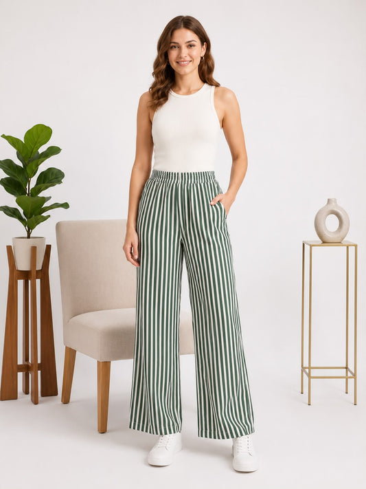 Women's Wide Leg Striped Pants – High Waist Casual Relaxed Fit Trousers with Elastic Waistband