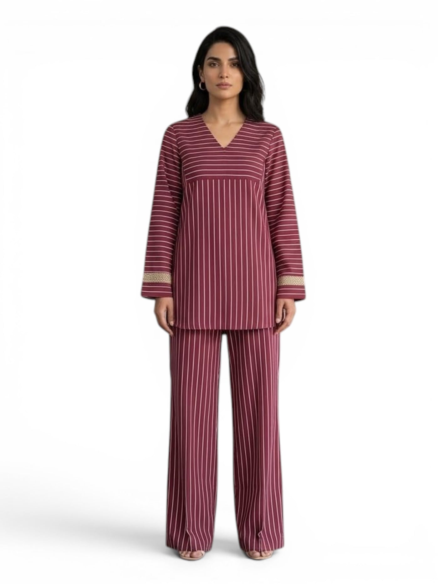 Women's Striped Two Piece Set – Long Sleeve Tunic Top & Wide Leg Pants Co-Ord Outfit