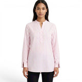 Women's Pink Striped Long Sleeve Tunic Shirt – Casual Mandarin Collar Blouse for Everyday Wear