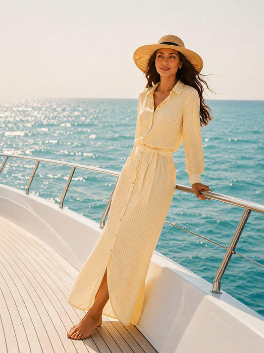 Women’s Striped Long Sleeve Maxi Shirt Dress with Waist Belt
