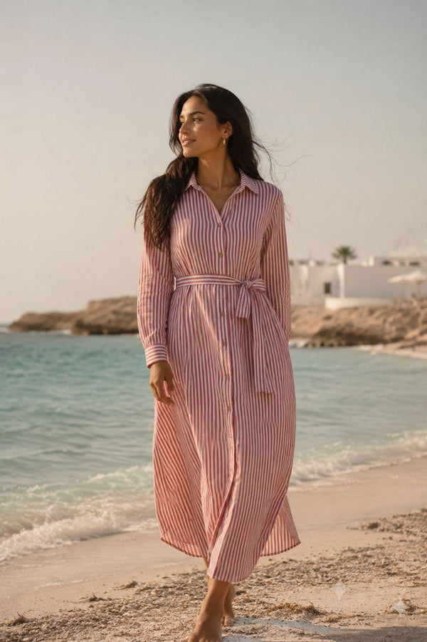Women’s Striped Long Sleeve Maxi Shirt Dress with Waist Belt