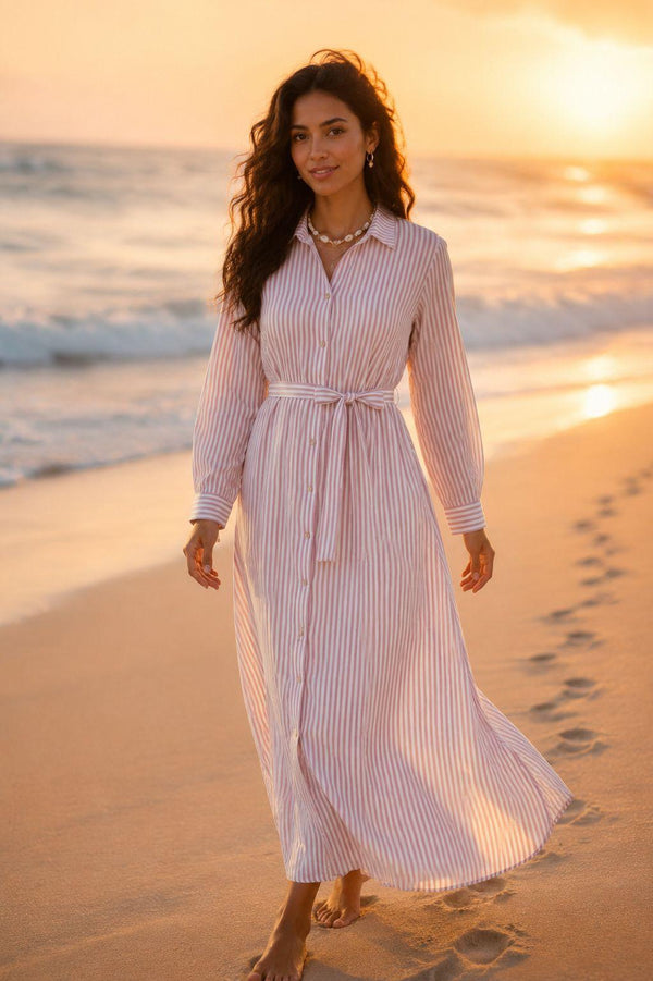 Women’s Striped Long Sleeve Maxi Shirt Dress with Waist Belt