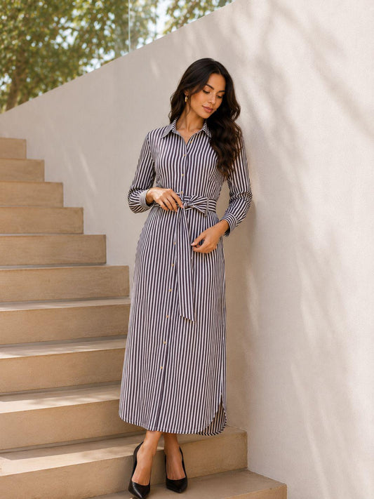 Women’s Striped Long Sleeve Maxi Shirt Dress with Waist Belt