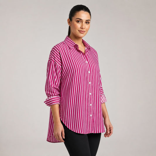 Women's Pink Striped Oversized Button-Down Shirt – Long Sleeve Casual Tunic Blouse