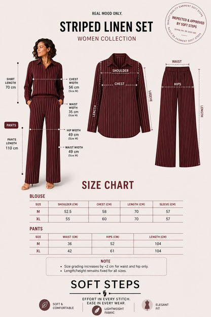 Women’s Beige Striped Oversized 2-Piece Set – Long Sleeve Shirt & Wide Leg Pants