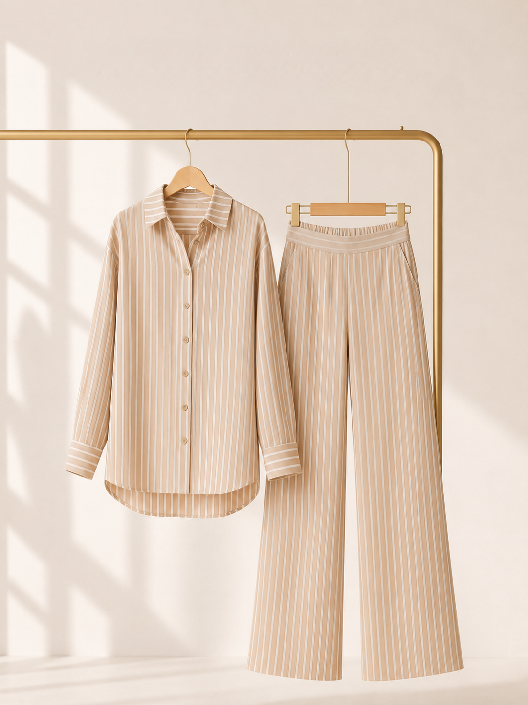 Beige striped linen-blend women’s loungewear set by Soft Steps, featuring button-down shirt and straight-leg pants, styled on hanger with minimalist luxury fashion look
