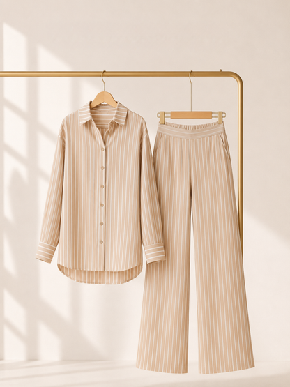 Beige striped linen-blend women’s loungewear set by Soft Steps, featuring button-down shirt and straight-leg pants, styled on hanger with minimalist luxury fashion look