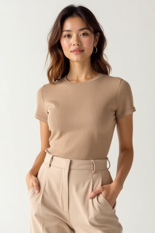 Women's Ribbed Short Sleeve Crew Neck Top – Soft Fitted T-Shirt