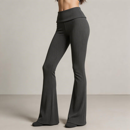 Women’s High Waist Ribbed Flared Leggings – Wide Leg Stretch Yoga Pants – Black