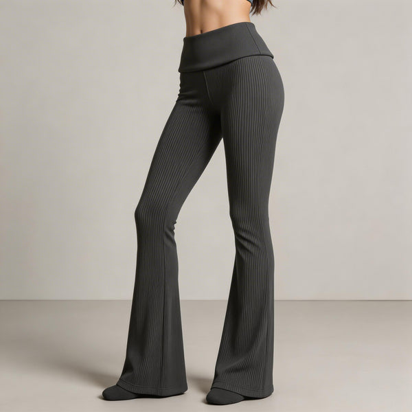 Women’s High Waist Ribbed Flared Leggings – Wide Leg Stretch Yoga Pants – Black