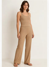 Women’s Beige Ribbed Wide-Leg Pants – Foldable Design, Easy to Wear & Stylish