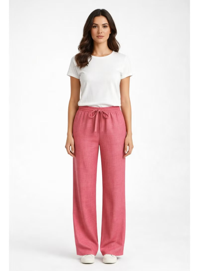 Women’s Linen Wide Leg Pants – Elastic Waist Casual Trousers with Pockets, Pink