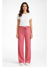 Women’s Linen Wide Leg Pants – Elastic Waist Casual Trousers with Pockets, Pink