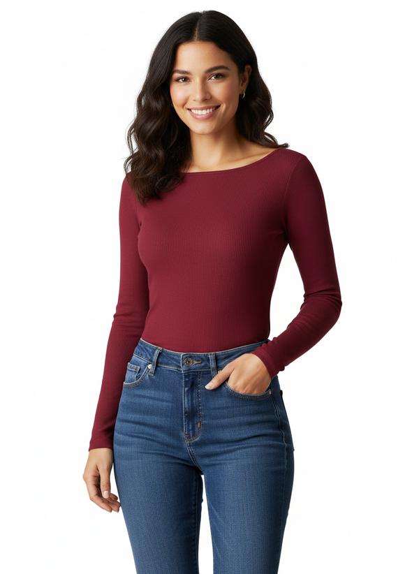 Top Ribbed Long Sleeve Burgundy