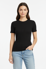Women's Ribbed Short Sleeve Crew Neck Top – Soft Fitted T-Shirt Black